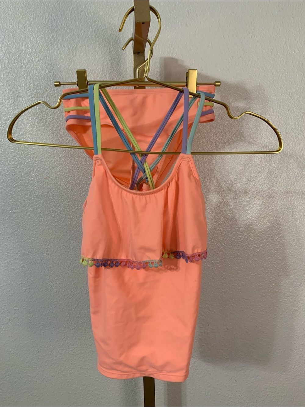 Coral Pink Girls' Two-Piece Swim Set with Rainbow Trim- girls 8